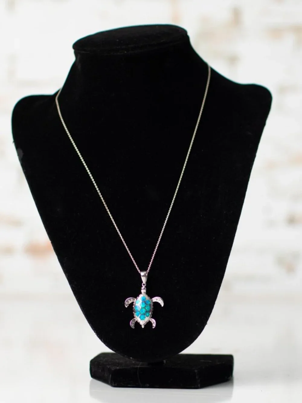 925 Sterling Silver Sea Turtle Necklace Blue Opal Inlay Pendant Ocean Jewelry - Picture 2 of 8